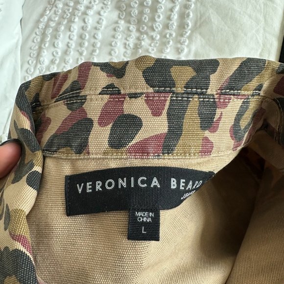 Veronica Beard Military Denim Jacket Leopard Print Sz Large Rugged Distressed - Picture 2 of 10